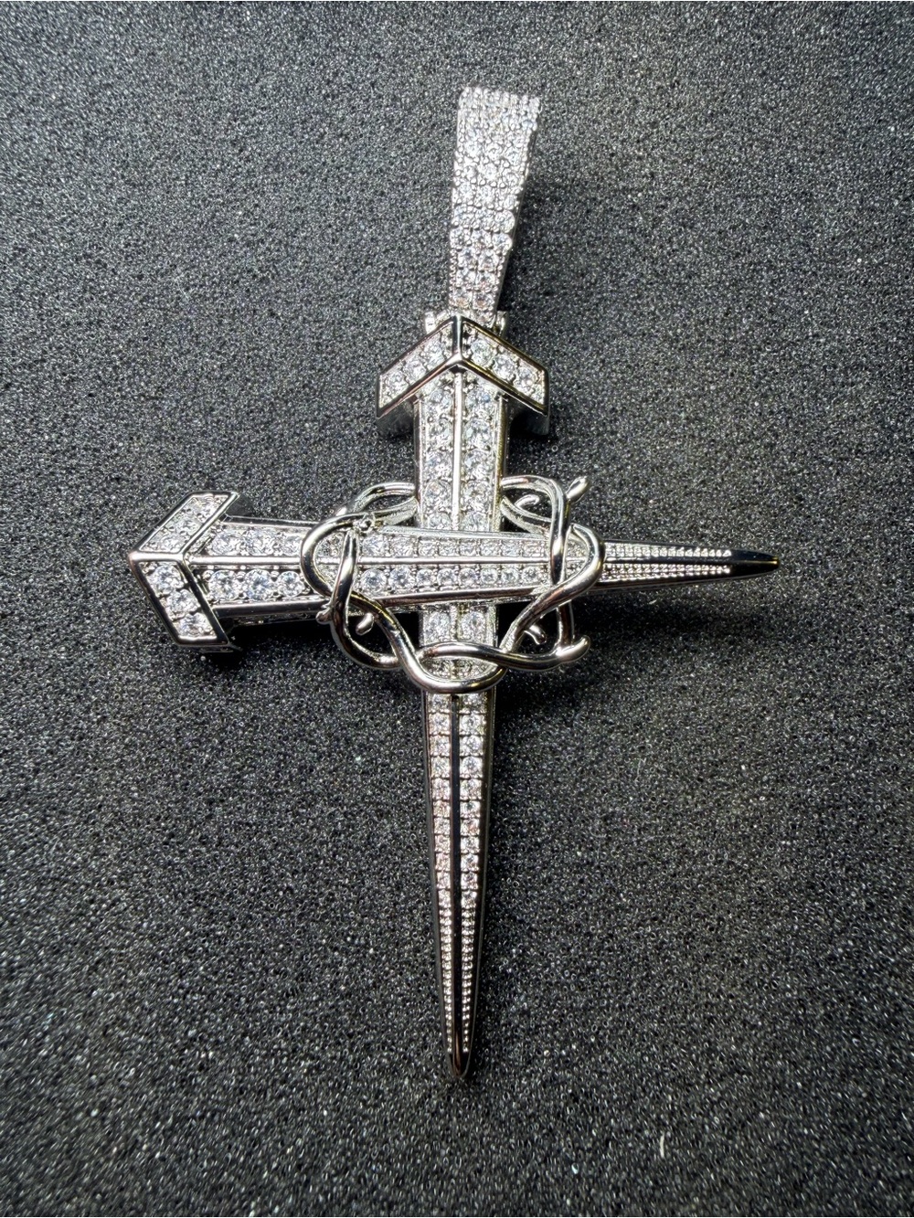 Silver Cubic Zirconia Cross Pendant with Crown of Thorns